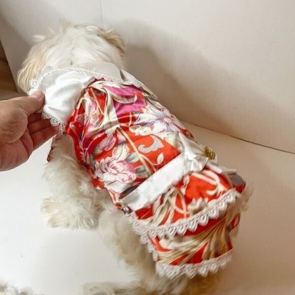 Small Dog Floral Party Wedding Lace Peter Pan Collar Tiered Tulle Dress with Bow - Picture 4 of 10